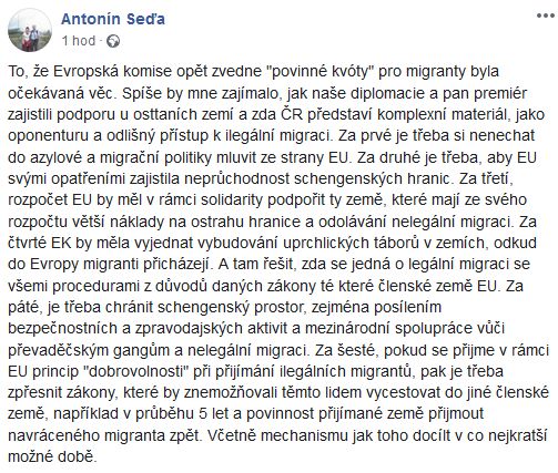 Někdejší poslanec Antonín Seďa promluvil o migraci